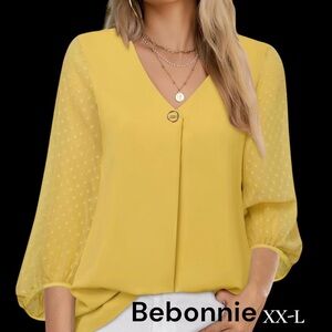 Bebonnie Women Lantern 3/4 Sleeve Causal Loose V Neck Chiffon Blouse top
